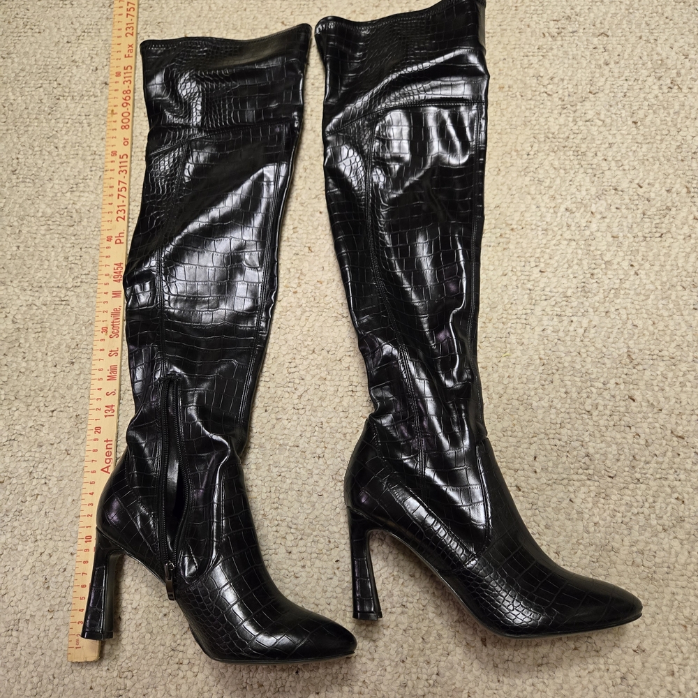 Black Nine West Croc-Embossed Over The Knee High Heeled Boots